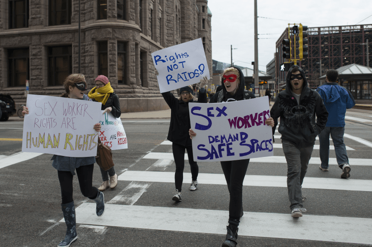 Protesters gathered in Minneapolis to advocate for sex workers’ rights after a raid of Backpage’s headquarters in October 2016, by Fibonacci Blue