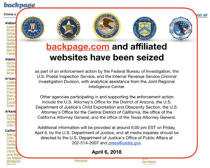 The notice posted on Backpage after the site’s seizure by federal authorities on 6th April 2018
